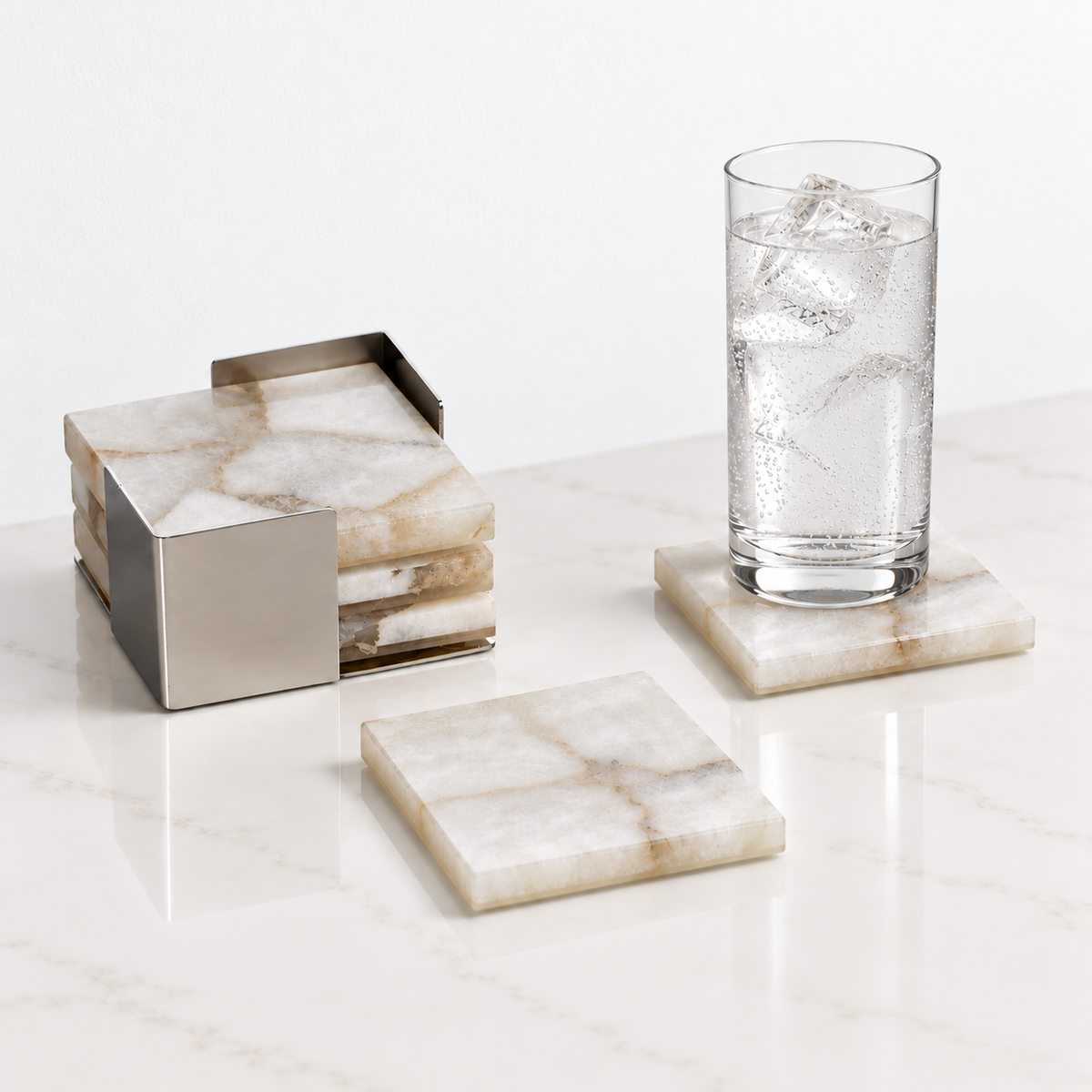 agate coasters in metal tray