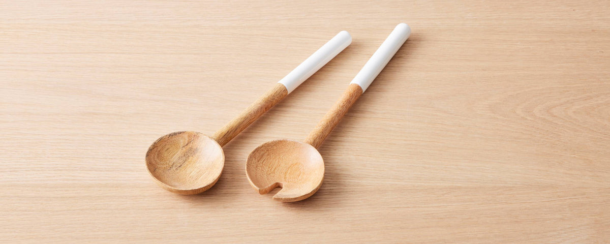 mango wood and white enamel salad servers