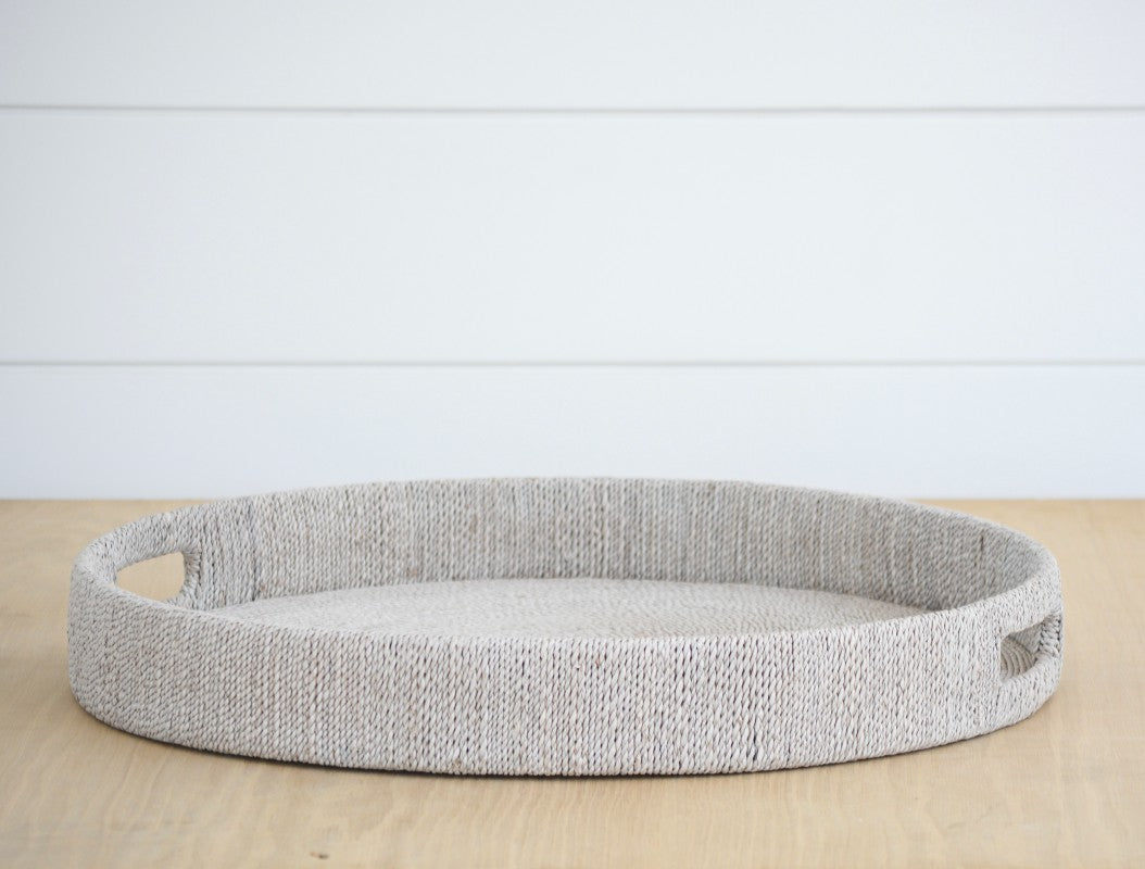 abaca white sand round tray, large