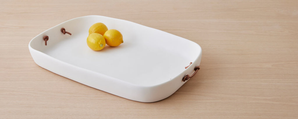 resin extra large tray with leather handles, white
