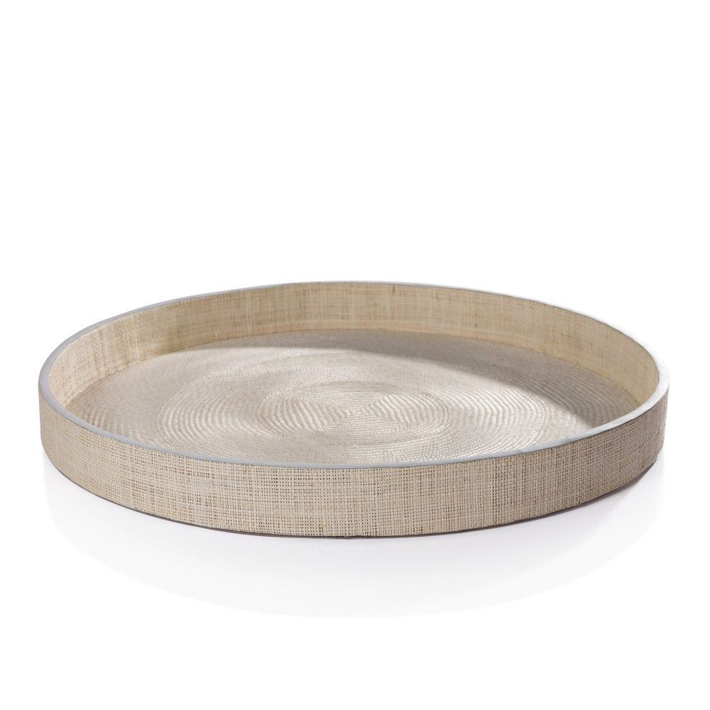 raffia round serving tray with leather