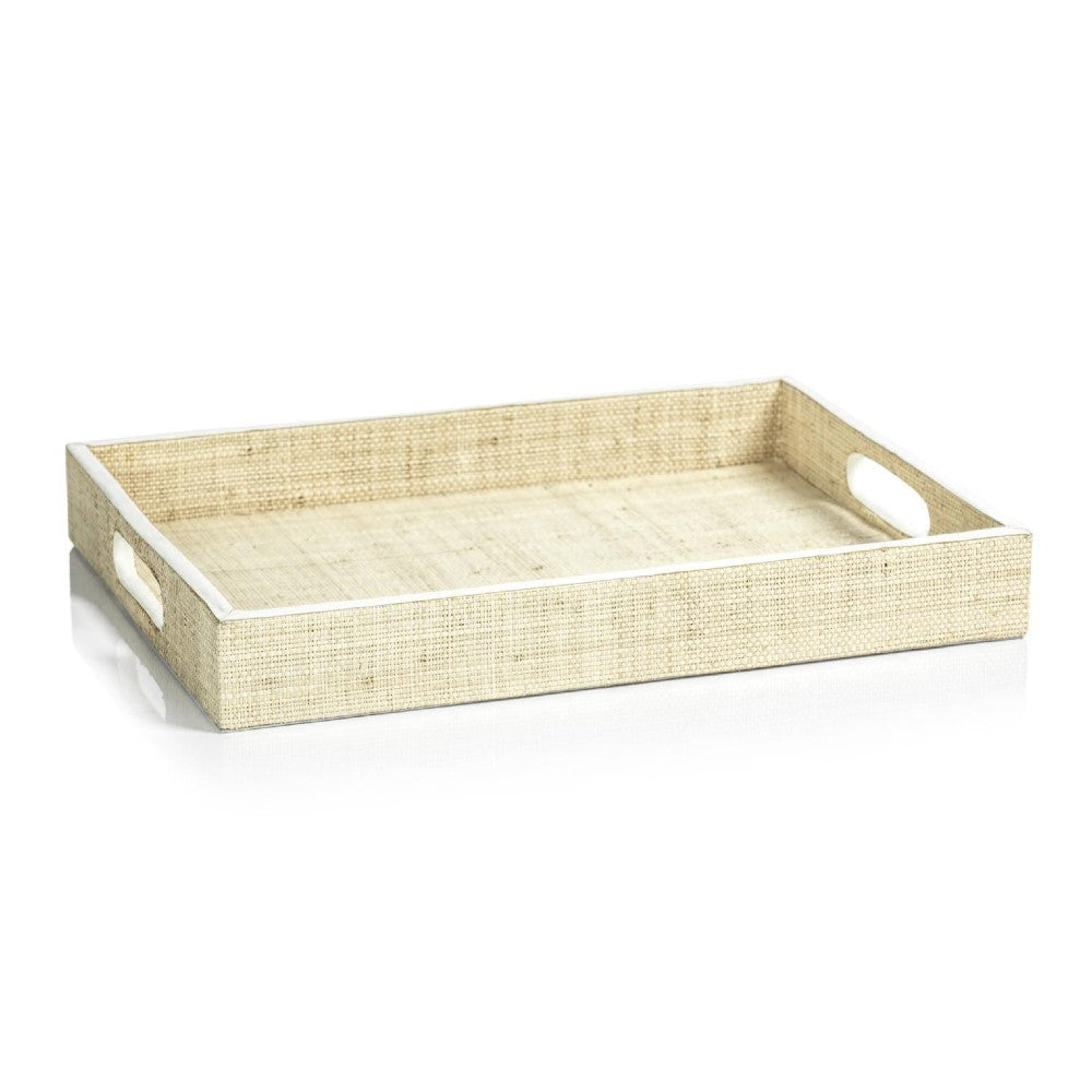 raffia serving tray with leather trim, 16x12