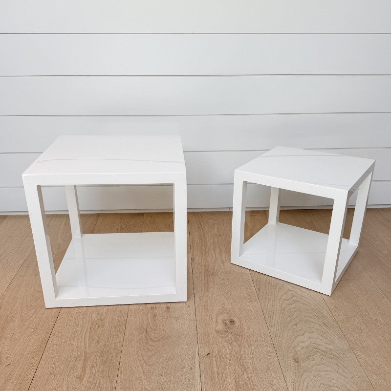 white lacquer cube side table, large
