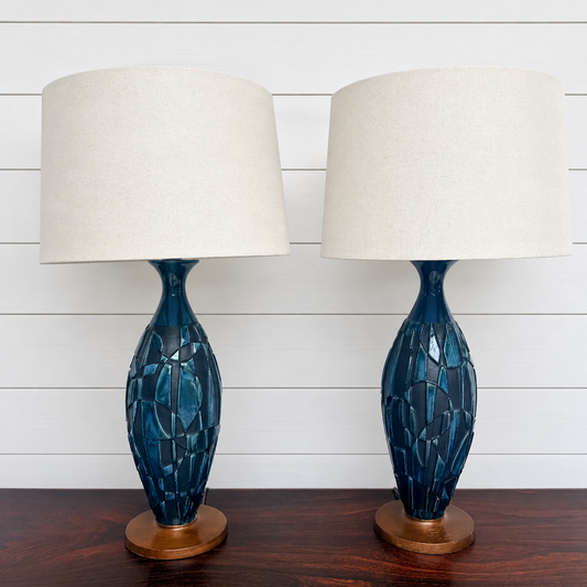 vintage pair of blue & black brutalist ceramic lamps