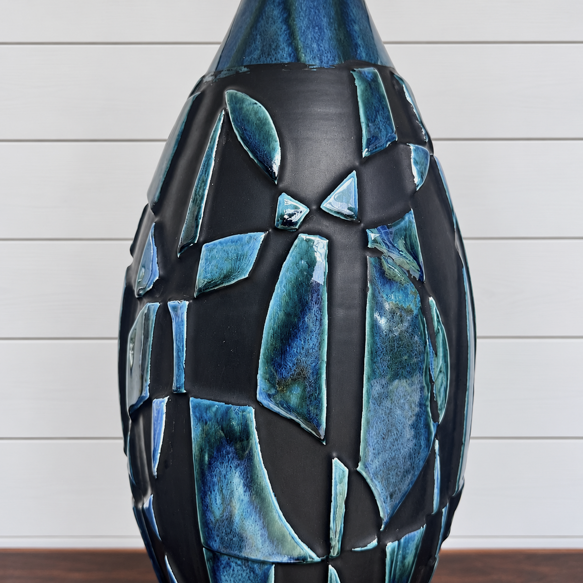 vintage pair of blue & black brutalist ceramic lamps