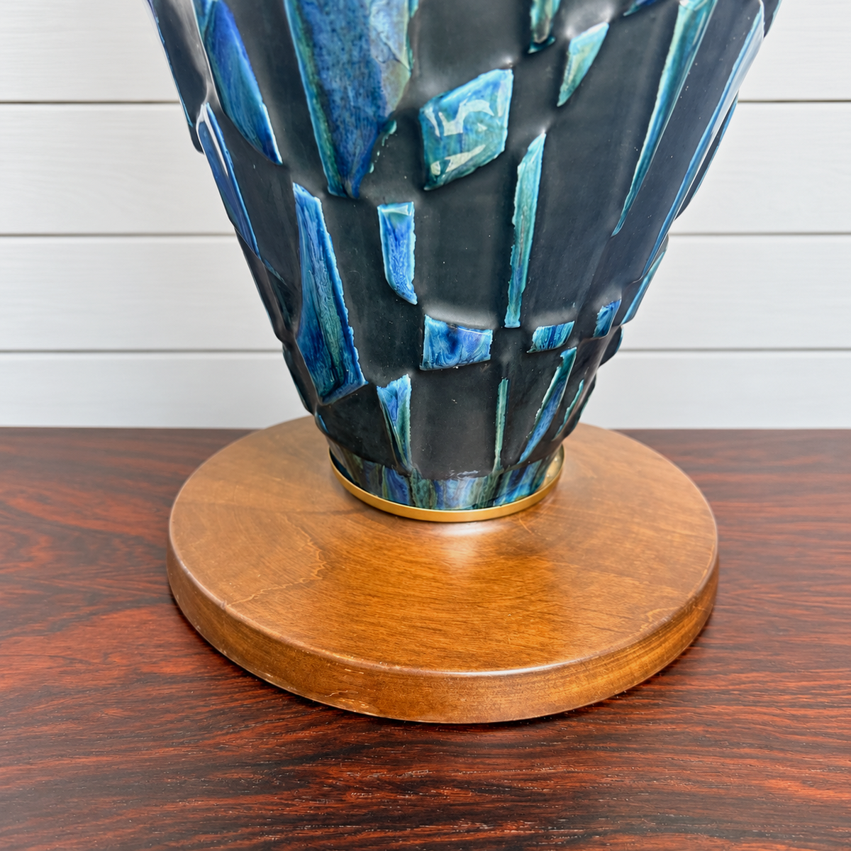vintage pair of blue & black brutalist ceramic lamps