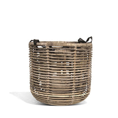 open rattan basket with leather handles, medium