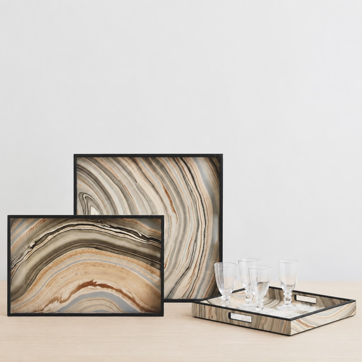 marbleized lacquer tray w/black trim 16 x 16