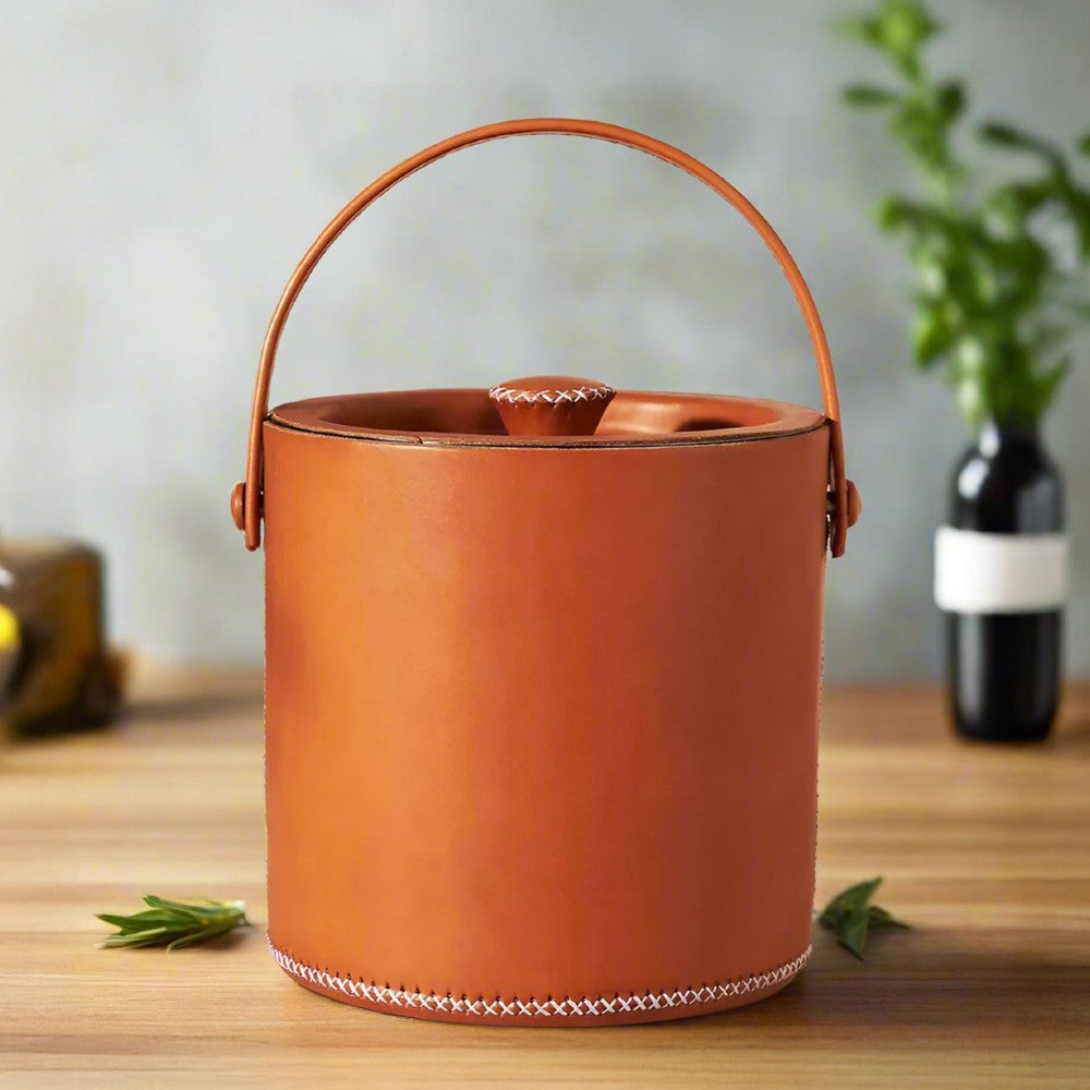 leather wrapped ice bucket with tongs