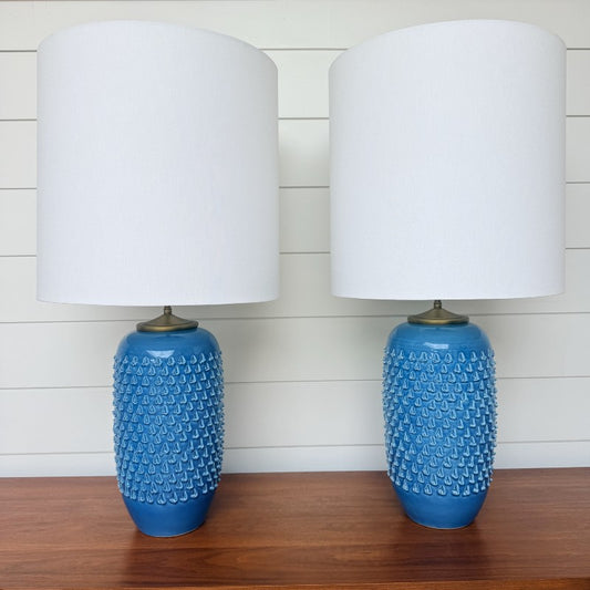 vintage pair of blue textured lamps