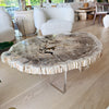 petrified wood table with lucite legs