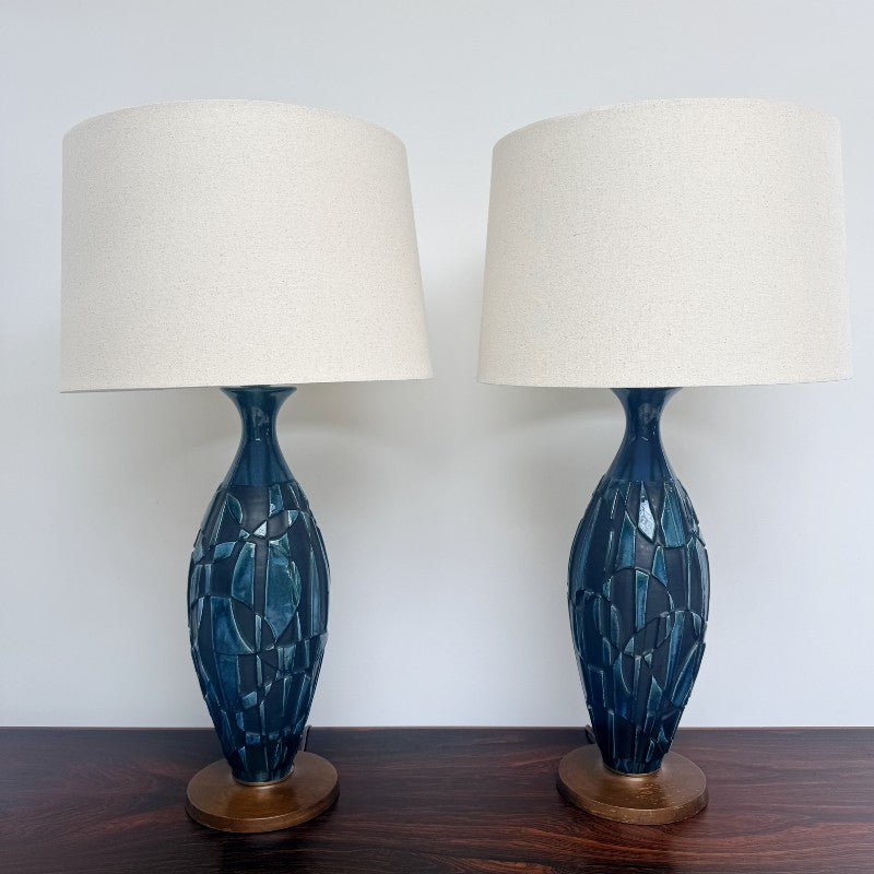 vintage pair of blue & black brutalist ceramic lamps