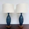 vintage pair of blue & black brutalist ceramic lamps