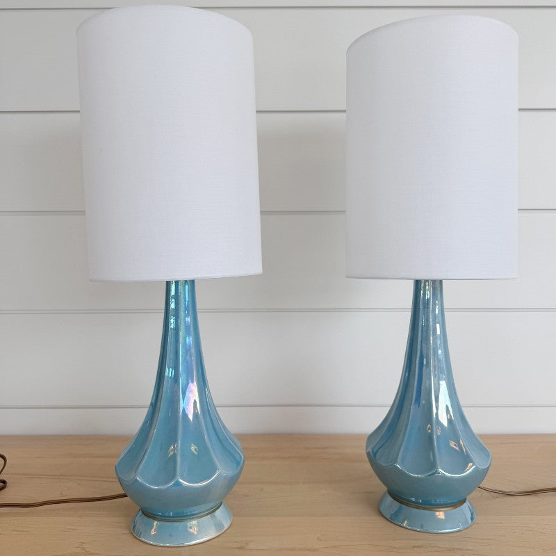 vintage pair of light blue ceramic lamps