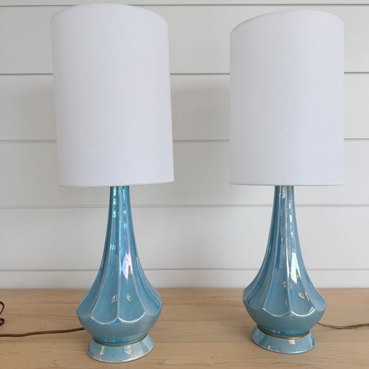 vintage pair of light blue ceramic lamps
