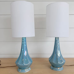 vintage pair of light blue ceramic lamps