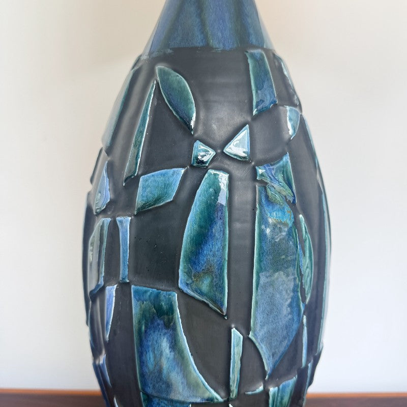 vintage pair of blue & black brutalist ceramic lamps