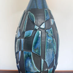 vintage pair of blue & black brutalist ceramic lamps