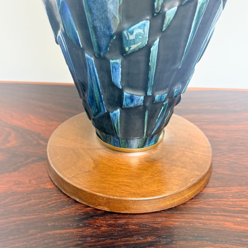 vintage pair of blue & black brutalist ceramic lamps