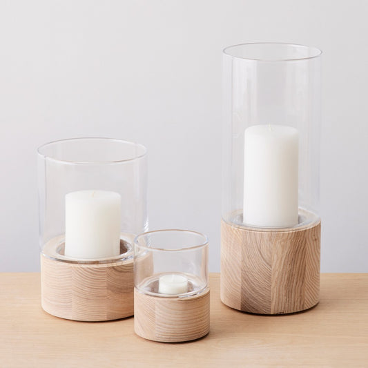 glass and ash wood base lantern, 5"