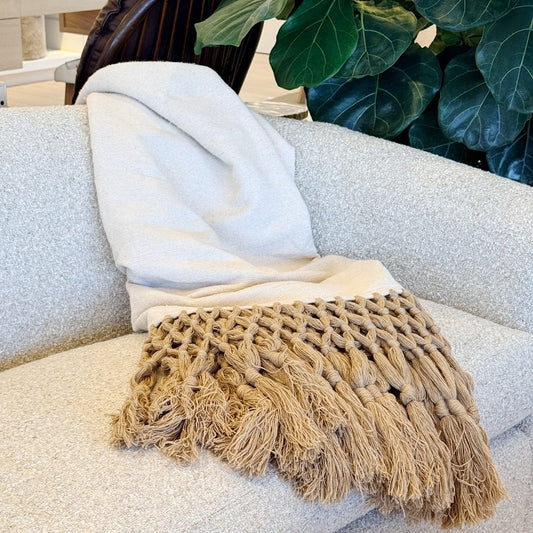 natural cotton canvas throw w/taupe wool knotted fringe