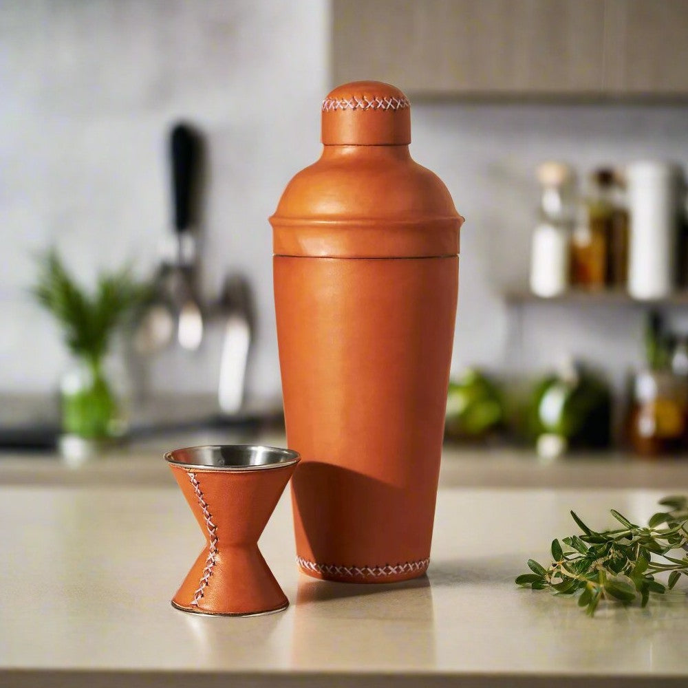 leather wrapped shaker and jigger