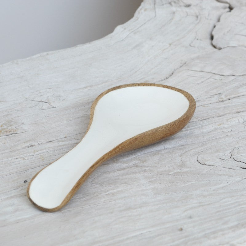mango wood and white enamel spoon rest