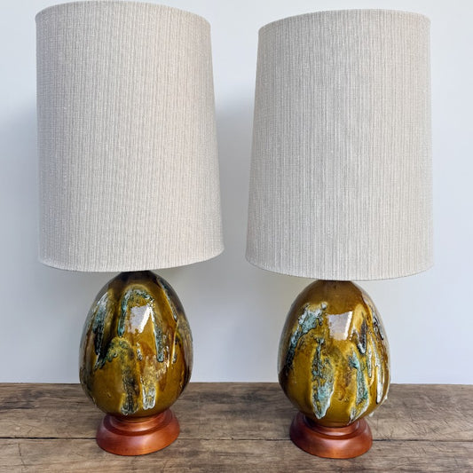 vintage pair of drip glaze table lamps