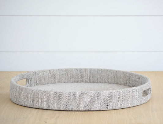 abaca white sand round tray, large