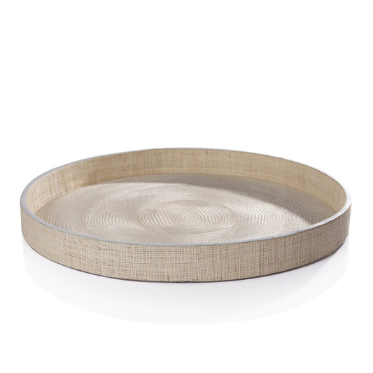 raffia round serving tray with leather
