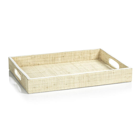 raffia serving tray with leather trim, 16x12