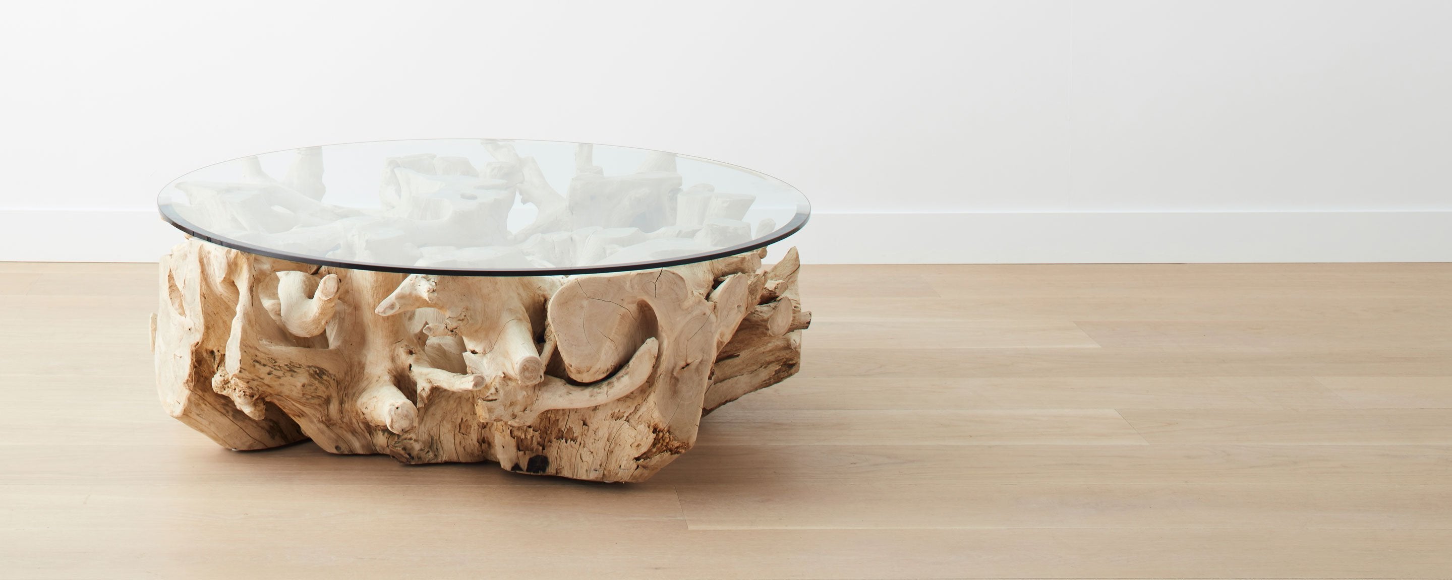 the bleached teak root round coffee tables