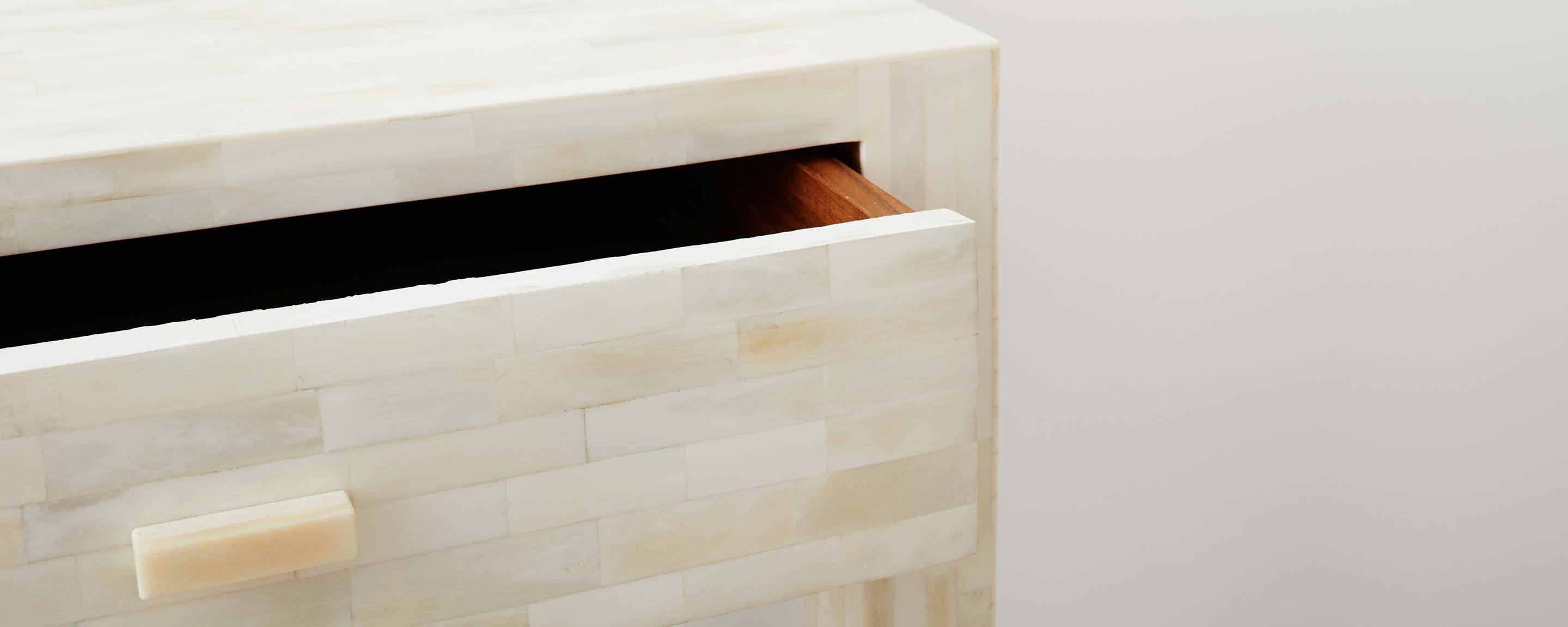 the white bone square end table with drawer