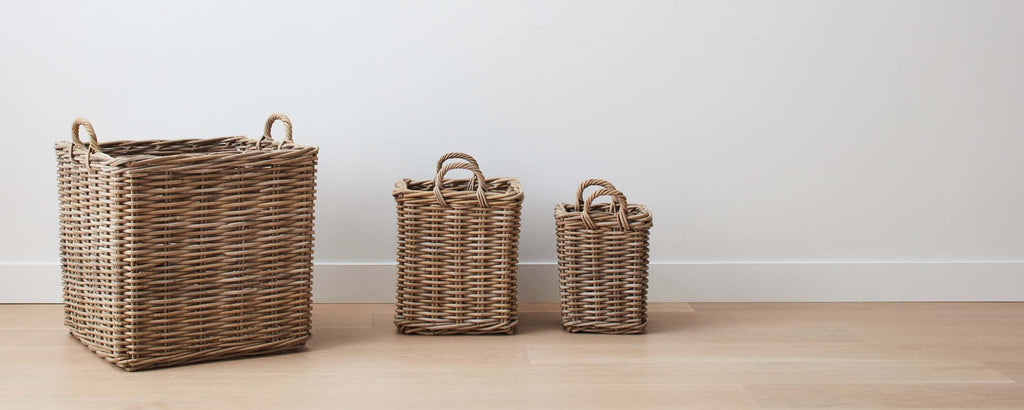 grey washed square rattan baskets